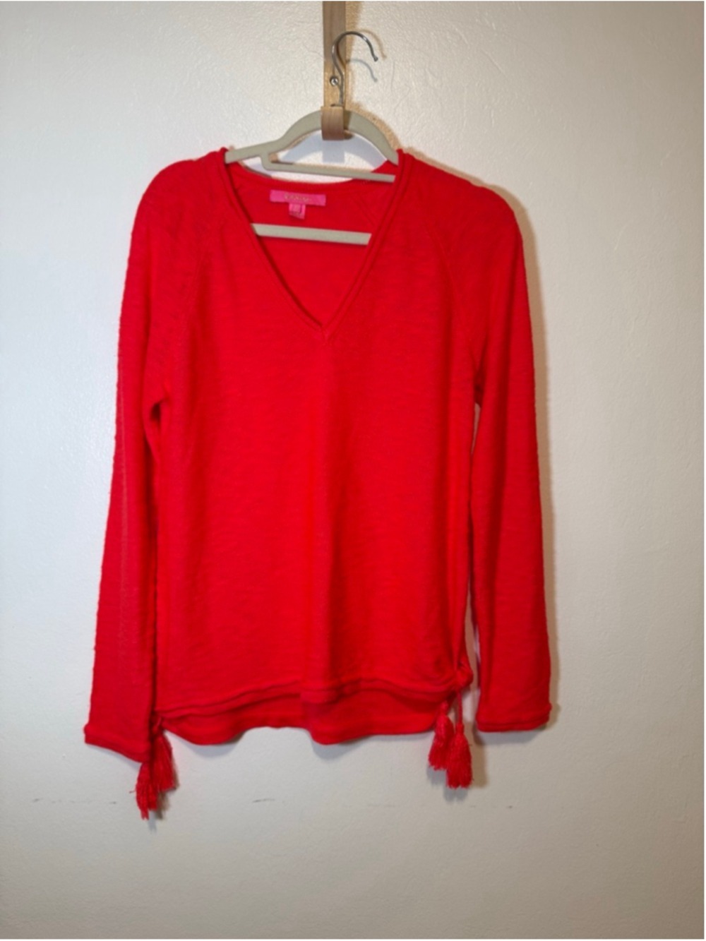 Lilly Pulitzer bright pink coral V-Neck Sweater with Tassels M